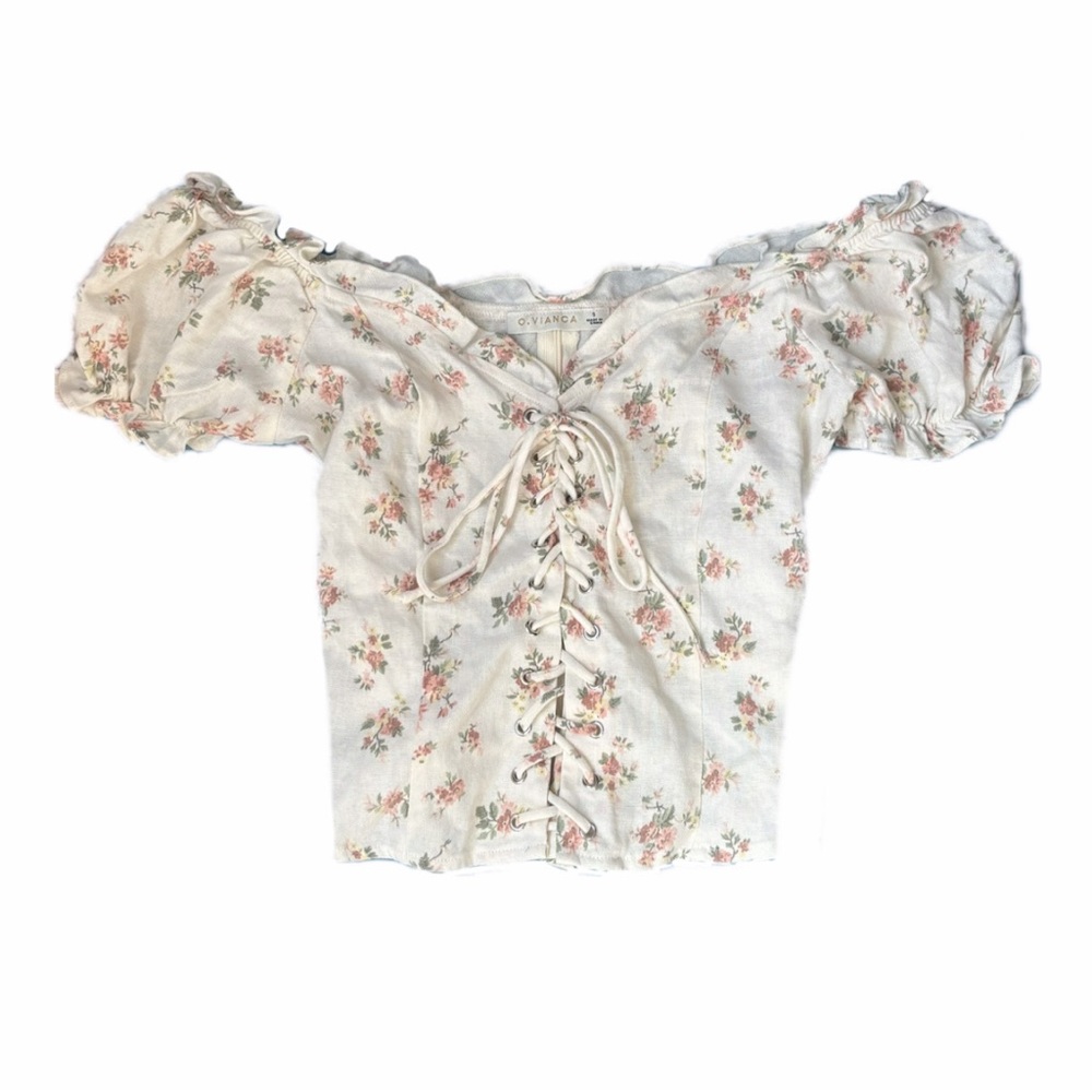 Cream Floral Lace Up Top